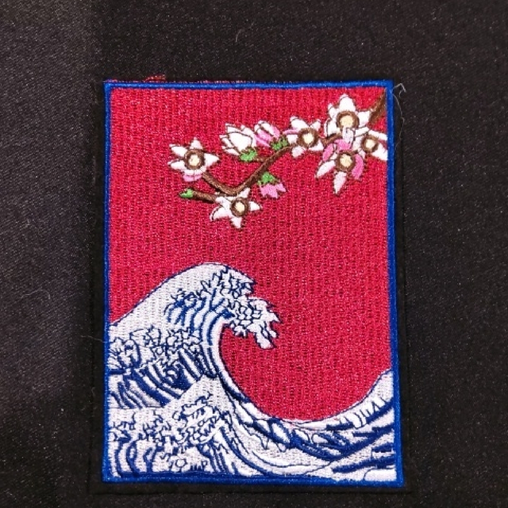 Red Embroidered Patch with Wave and Flowers Iron On